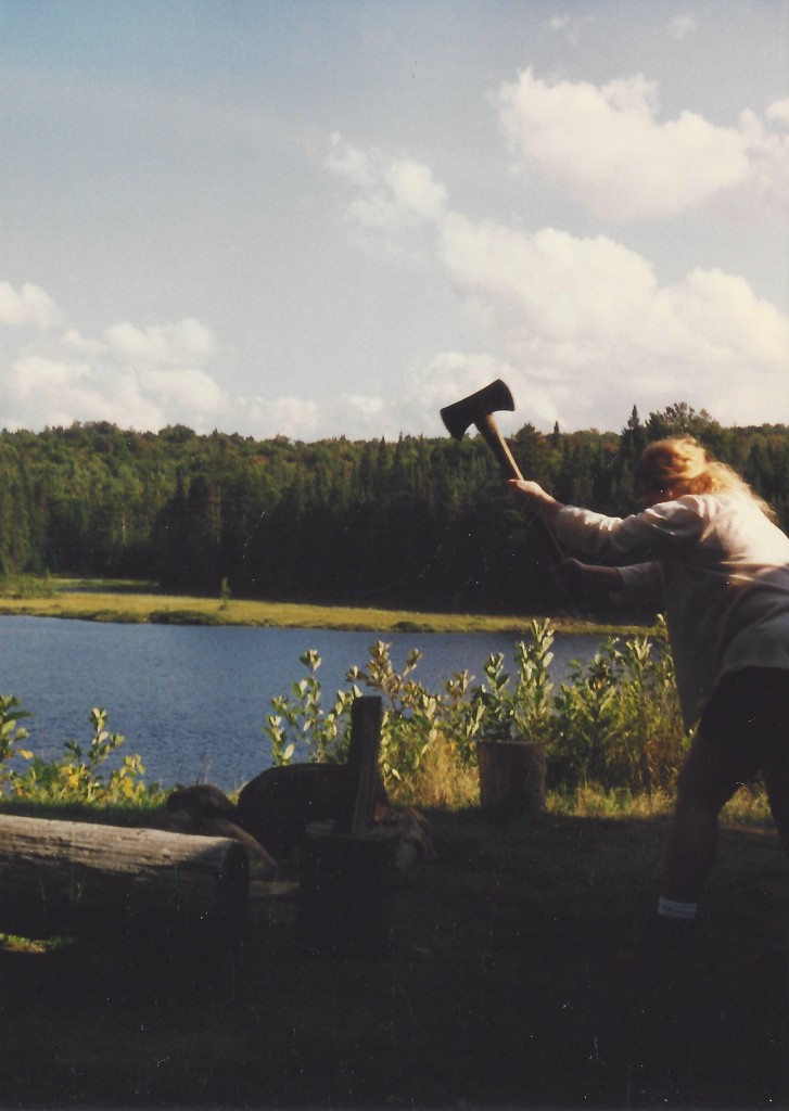 Visiting a friend, Gail, in Old Forge, New York and kind of learning how to chop wood (1997).