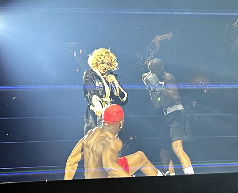 Madonna and boxer in a laser-enclosed ring. (Copyright Randee Dawn 2023)